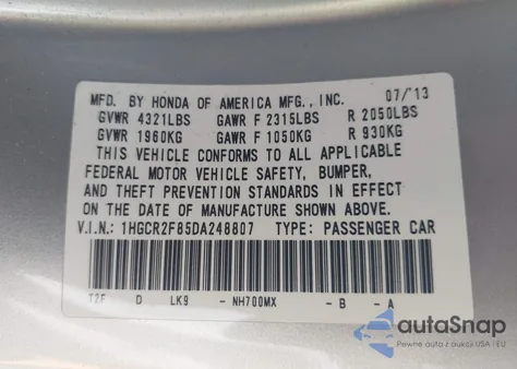 2013 Honda Accord Ex-L from USA, damaged, VIN 1HGCR2F85DA248807